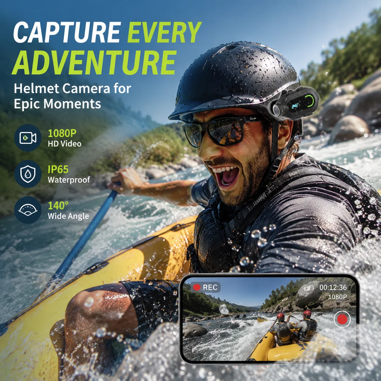 Action Camera - 1080P HD 30FPS Video, 9 Hour Battery, Waterproof, 300 Degree Rotating Lens, Streaming, Dashcam, Low Light Film. - 2
