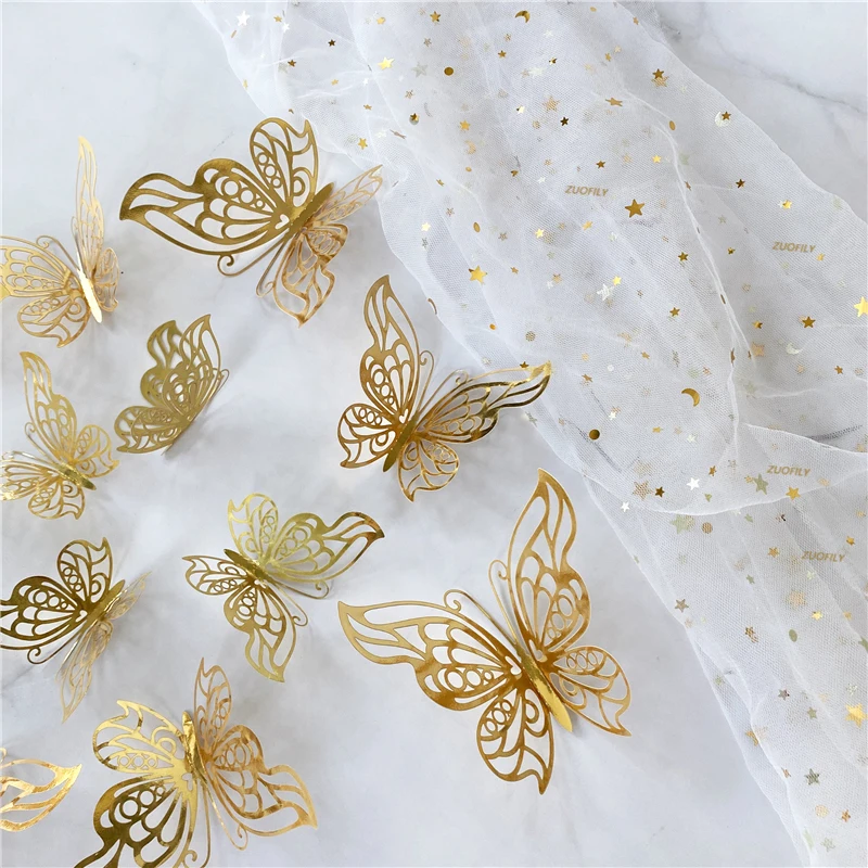 12Pcs/Set 3D Hollow Butterfly Wall Sticker Gold Silver Rose Wedding Decoration Living Room Home Decor Butterflies Decal Stickers 3