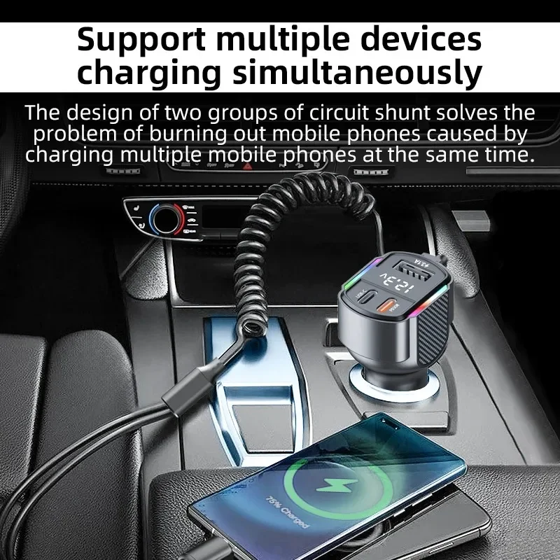 PD 30W Car Charger Cigarette Lighter Adapter USB Type-C with  Spring Wire Fast Charging Cable For iPhone Xiaomi Huawei Samsung