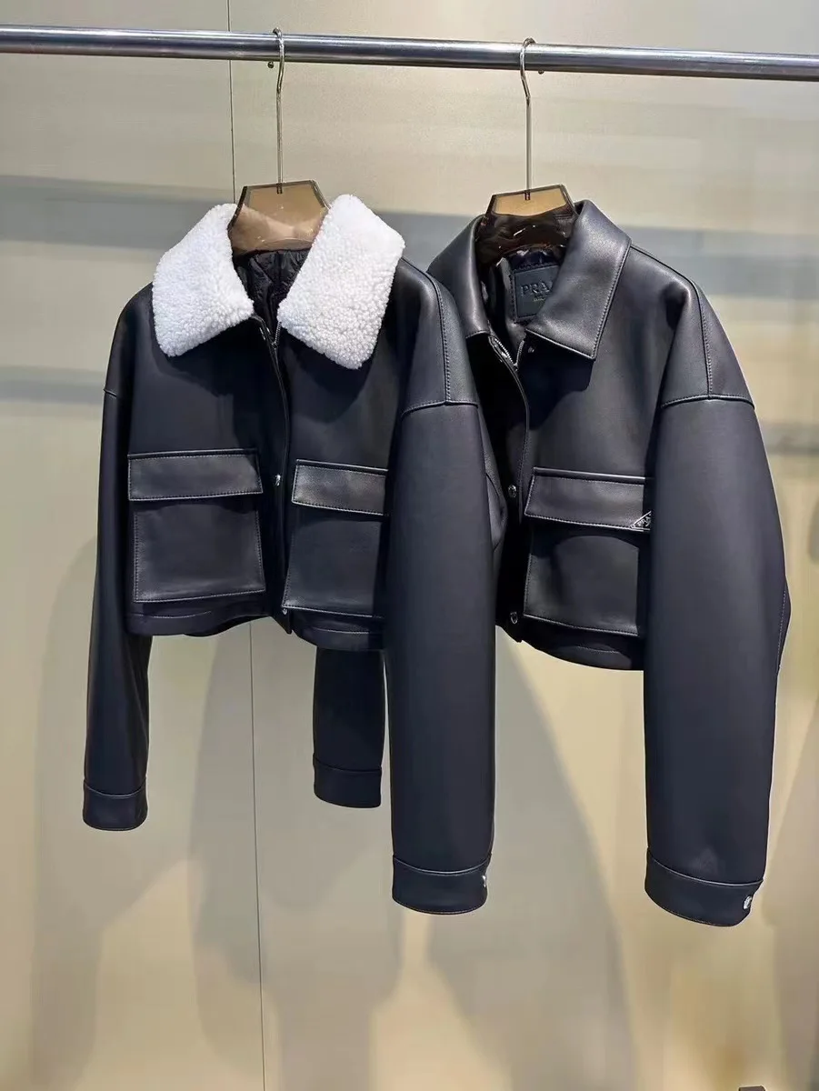 Куртка из натуральной овечьей кожи E2 с отворотом меха ягненка