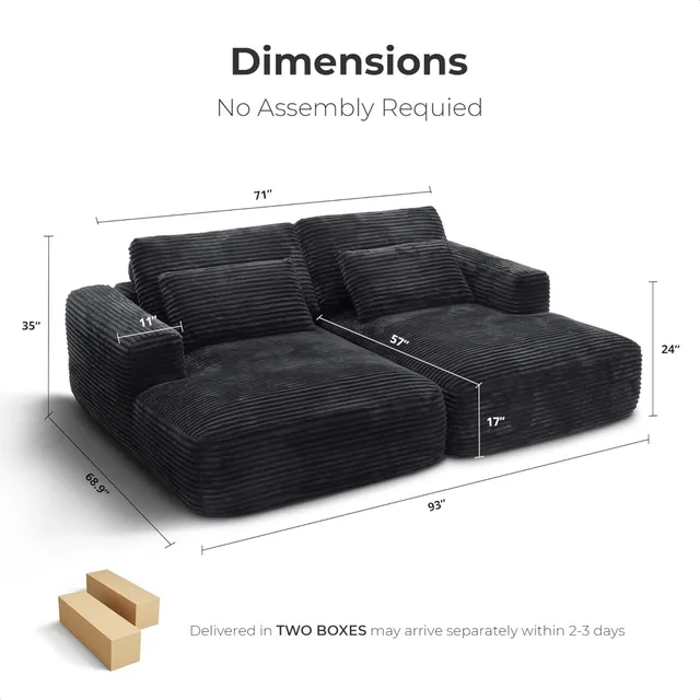 93" Oversized double Chaise Lounge, Deep Seat Cloud Plush Sofa Bed, No Assembly Required, Modern Corduroy Sleeper Loveseat Chai 2