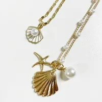 Ensemble de 2 pièces de bijoux pour femmes, style Boho, couleur or, coquille Marine, pendentif étoile de mer, chaîne de perles, multicouche, pliable 2