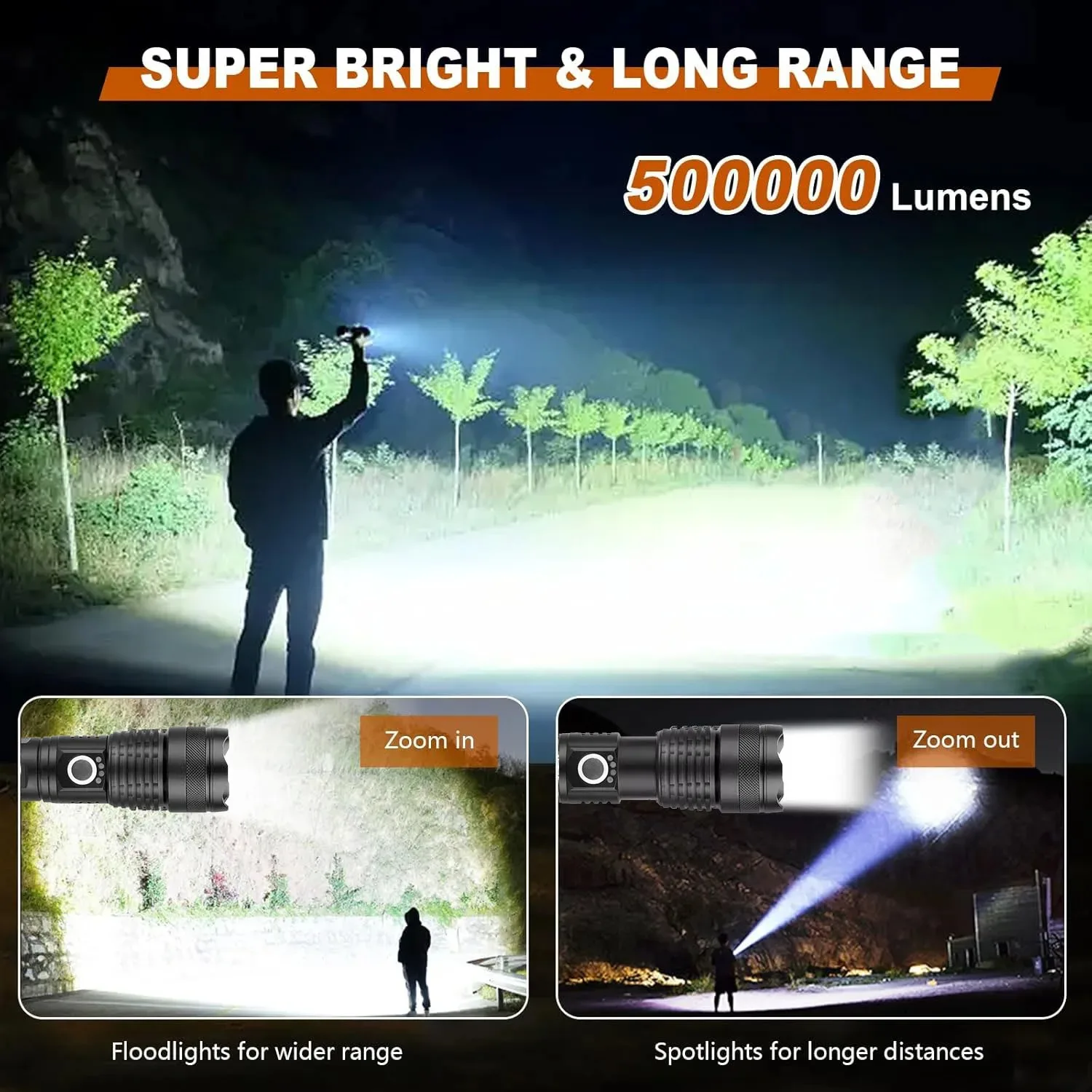 USB 충전식 고출력 전술 플래시 라이트, 야외 캠핑, 하이킹, 사냥용 초강력 LED 휴대용 손전등