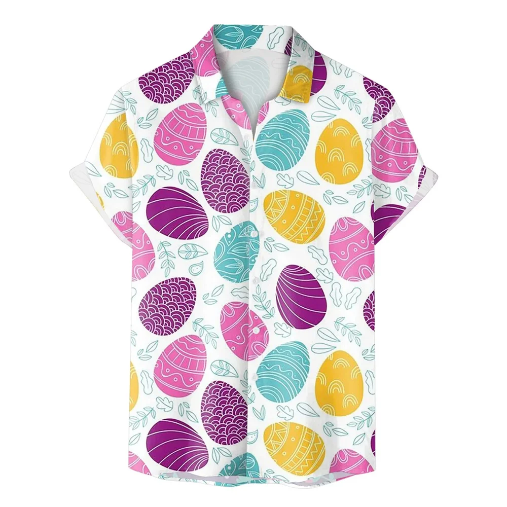 Happy Easter Day Kawaii Men Cartoon Rabbit Hawaiian Shirts 3D Printed Beach Shirt Women Clothe Kids Colored Egg Shirt Button Top 5