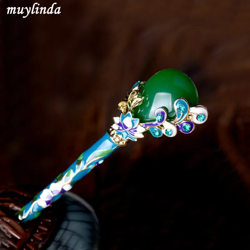 Vintage Cloisonne Women's Hairpin Headdress Antiquity Hair Clasp Headdress Imitation Jade Design Hairpin