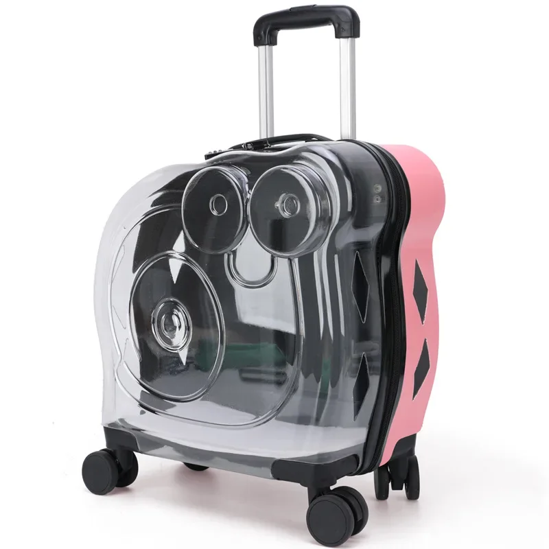 Convenient Travel Pet Suitcase Fashion Transparent Cat Carriers Pull Rod/Dual Shoulder Cat Cage Large Capacity Transport Box