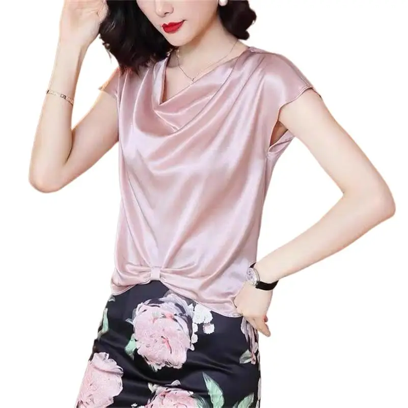 

Женская атласная блузка с коротким рукавом, элегантная винтажная Однотонная рубашка с ассиметричным подолом для офиса, лето 2023