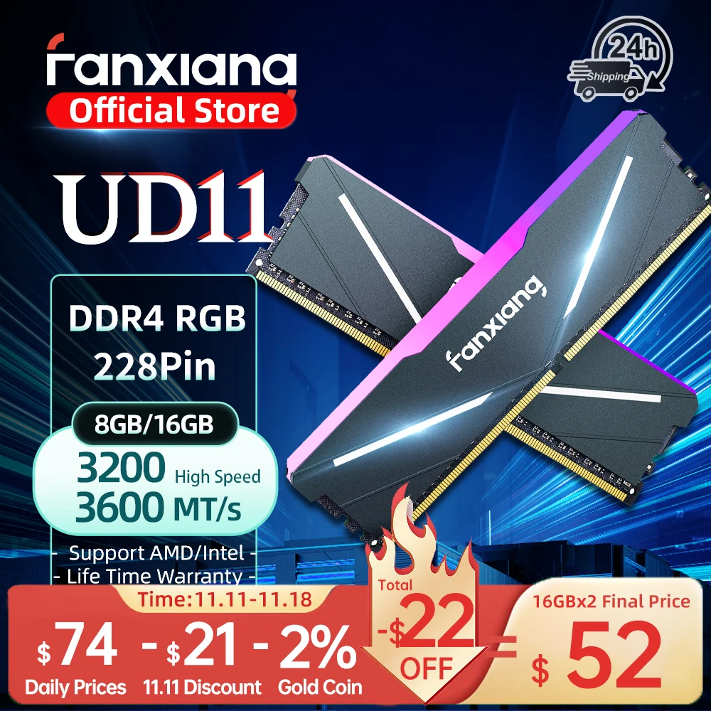 Desktop Ram Memory Desktop Memory Fanxiang UD11 RGB Memory Ram DDR4 16GB 32GB 3200-3600MT/s Desktop Non-ECC Desktop Gaming Dual Channel RAM Memory Module For PC