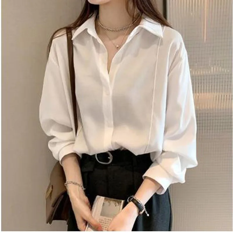 Women's shirt white plain color loose oversized blouse women's Button ...