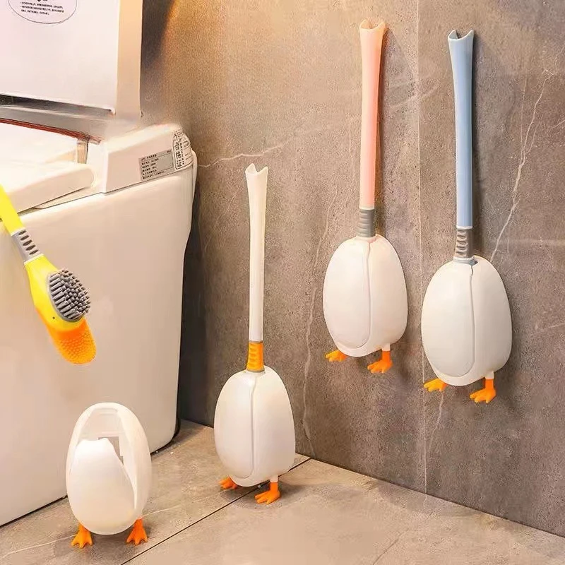 

Diving Duck Toilet Brush Silicone Brush No Punch Bathroom Toilet Wall Mounted Floor Standing Bathroom Cleaning Brush with Base