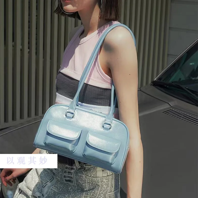 

2024 new Korean women's shoulder fashion underarm oil waxed leather double leisure handbag aesthetic bags