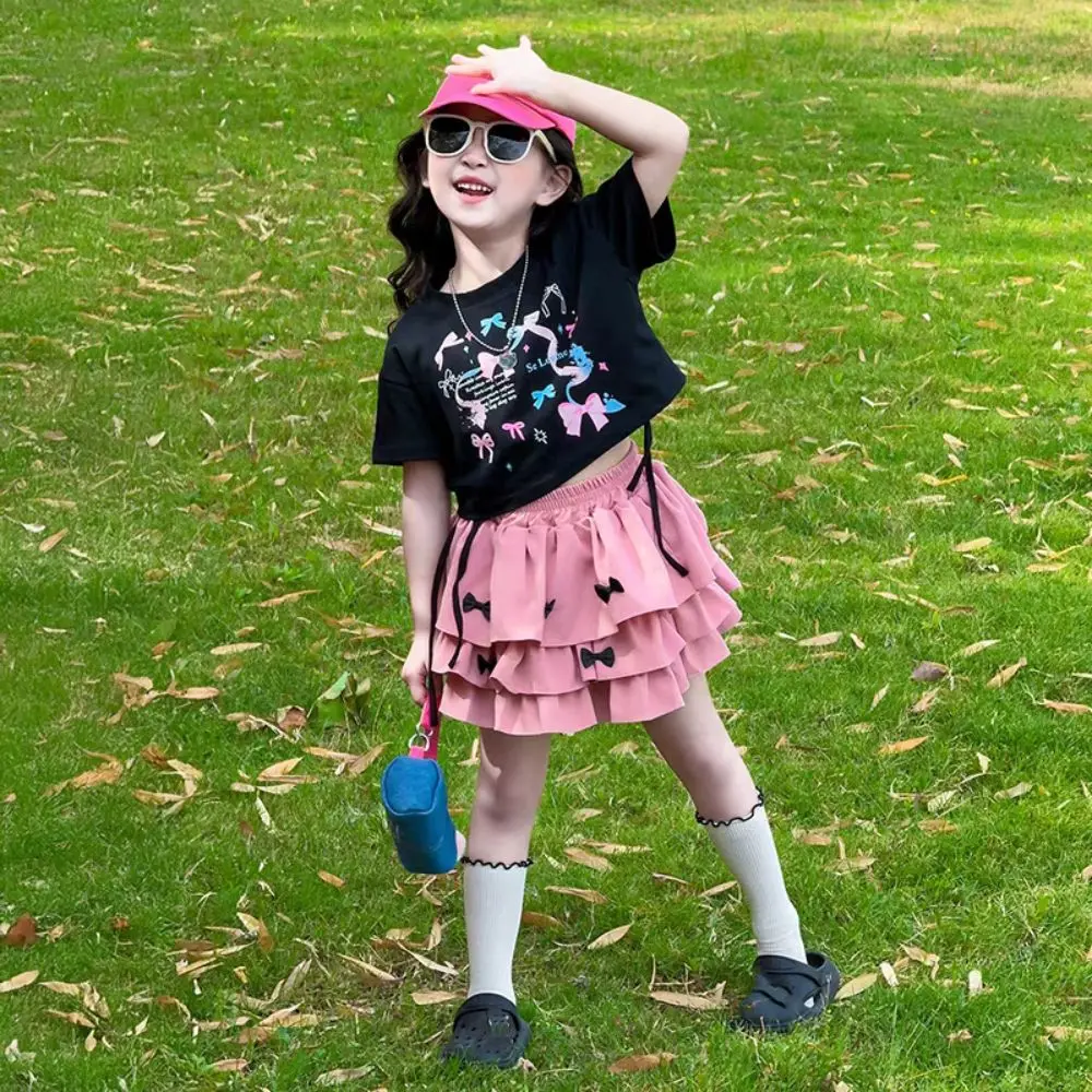 Outfits Y2K Bow Children Cake Skirt Set Pleated Teenagers T-shirt Skirt Suit Sweet Slim Fit Girls Clothes Set Party
