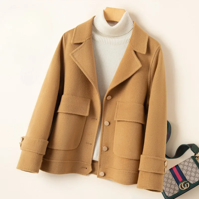 2023 Autumn Winter New Women Fashion Turn-Down Collar Double Sided Wool Coat Female Temperament Slim Fit Casual Cashmere Jacket