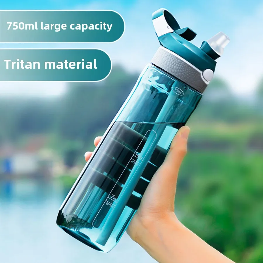 Water Bottle 750ml Tritan Material with Straw Eco-Friendly Durable Gym Fitness Outdoor Sport Shaker