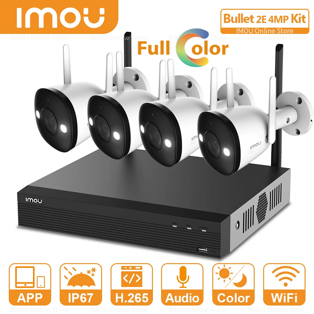 

IMOU 4MP Видео Система Безопасности Беспроводной NVR Комплект IP67 полный цвет ночное видение аудио запись Wi-Fi подключение пуля 2E 4MP Разрешение QHD видео 4 Мп Встроенный динамик Запись звука Onvif RTSP H.265 Област