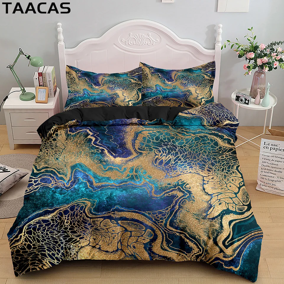 LuxuryMarbleBeddingSetAbstractBlueGoldDuvetCoverSetPillowcase