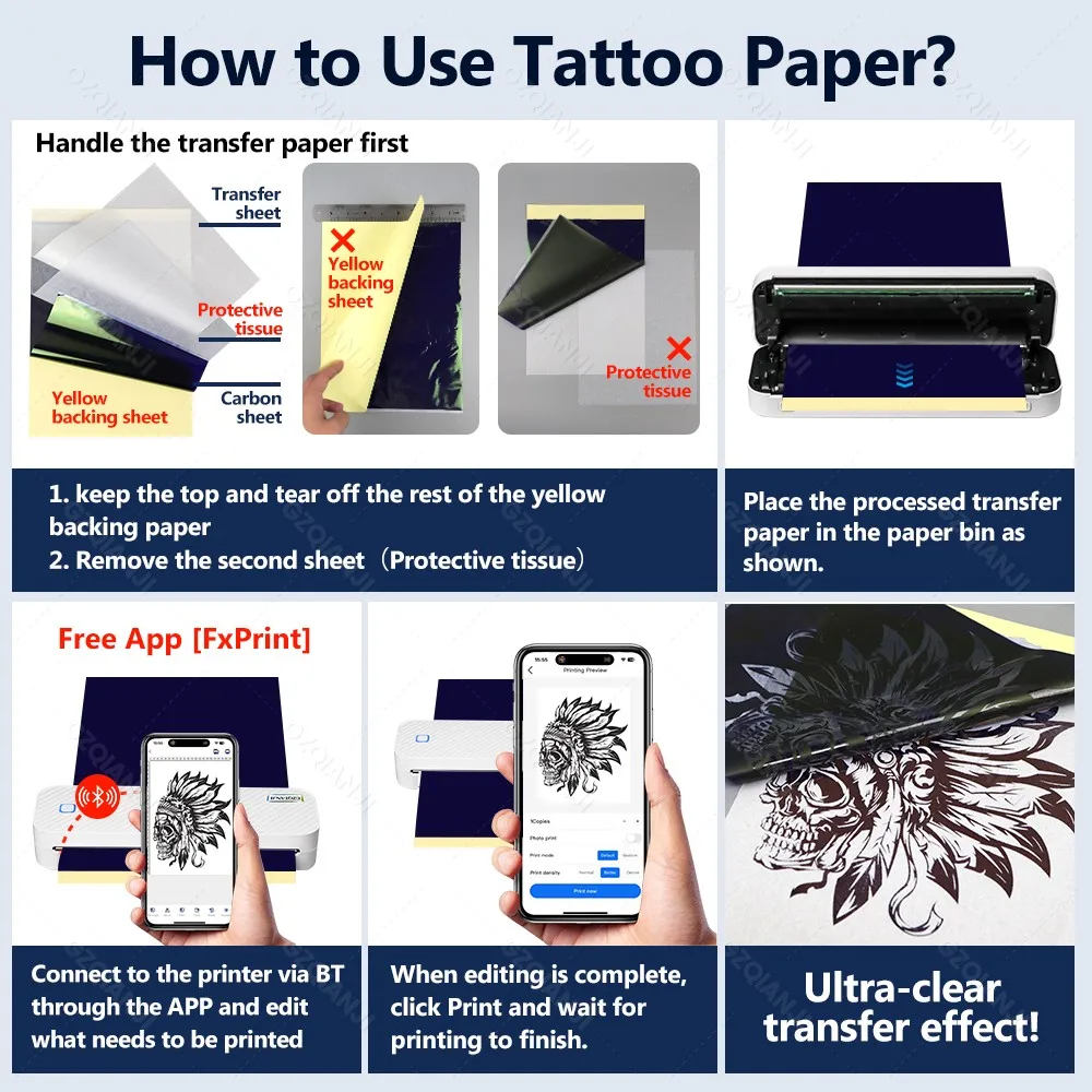 Portable A4 Thermal Printer Inkless Bluetooth Photo PDF Document Printer Memo Note Tattoo Print Wireless Tattoo Stencil Printer
