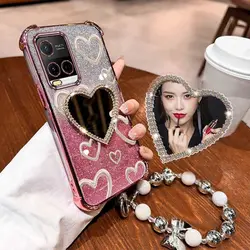 Airbag Wrist Strap Glitter Love Heart Mirror Phone Case Cover for Vivo Y22 2022 4G (Rose gold)