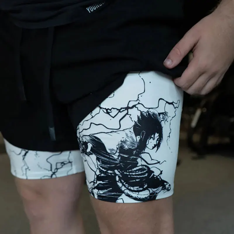 Men's 2 in 1 Running Shorts Male Workout Anime Shorts Training Yoga Gym Sportswear Pants Sport Short Pants with Pockets