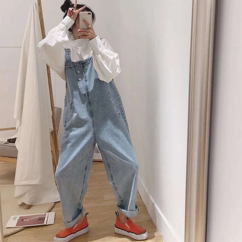 

New Korean Streetwear Denim Jumpsuit Women Loose Cute Jumpsuits Casual Fashion Girls Maxi Blue Jeans Overalls S-2XL