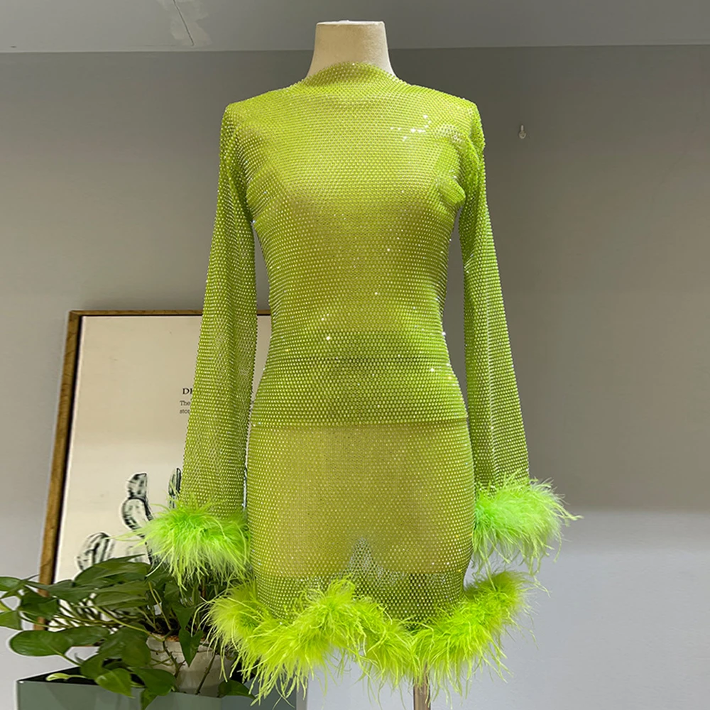 

Kritt 2023 Women's Wear Shiny Rhinestone Fishing Net 2-Piece Cut Feather Transparent Mesh miniskirt Sexy Party Clubwear Set