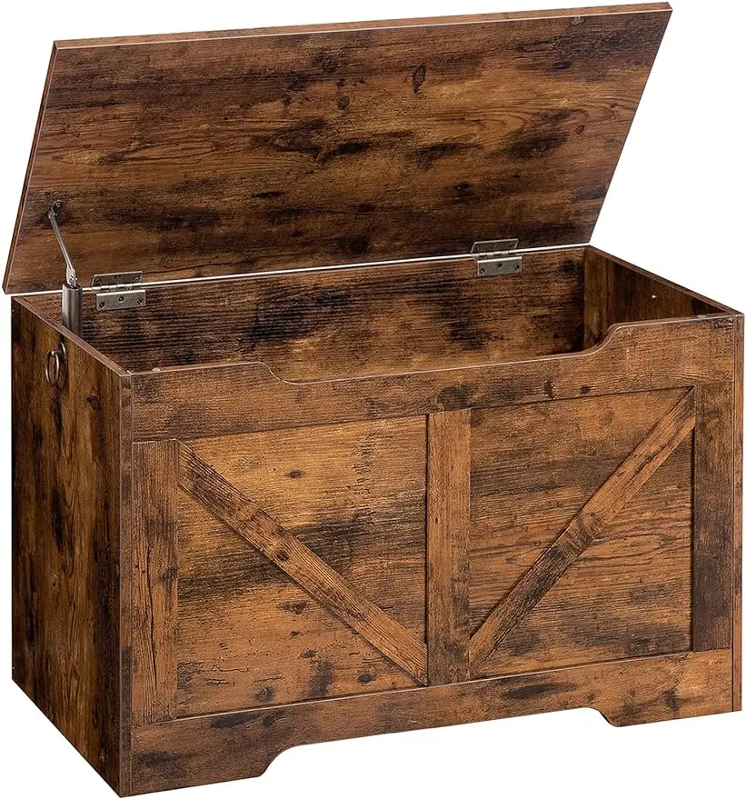 

Storage Bench, 29.5” Retro Wooden Storage Chest with U-Shaped Cut-Out Pull, Safety Hinge, Supports 220 lb and Easy Assembly for