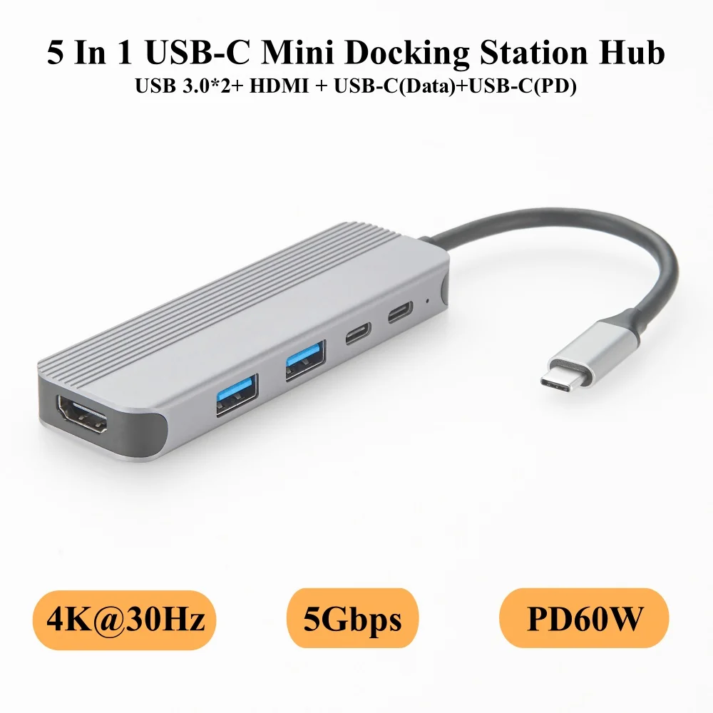 5-In-1 MultiPort USB C Hub, USB Type-C to HDMI Converter, USB-C Dongle with 4K HDMI, 100W Power Delivery, 2 USB3.0, 5Gbps USB-C
