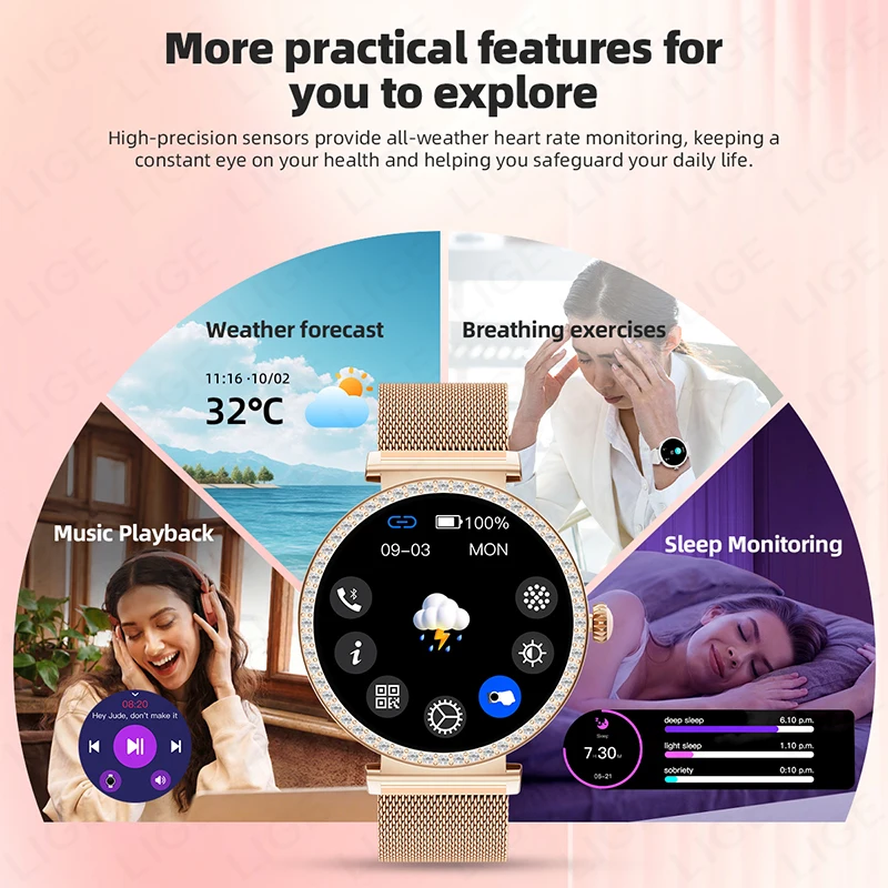 LIGE GPS Ultra-thin Smart Watch Ladies Bluetooth Call Custom Dial Sports Heart Rate Health Tracking Waterproof Women Smartwatch