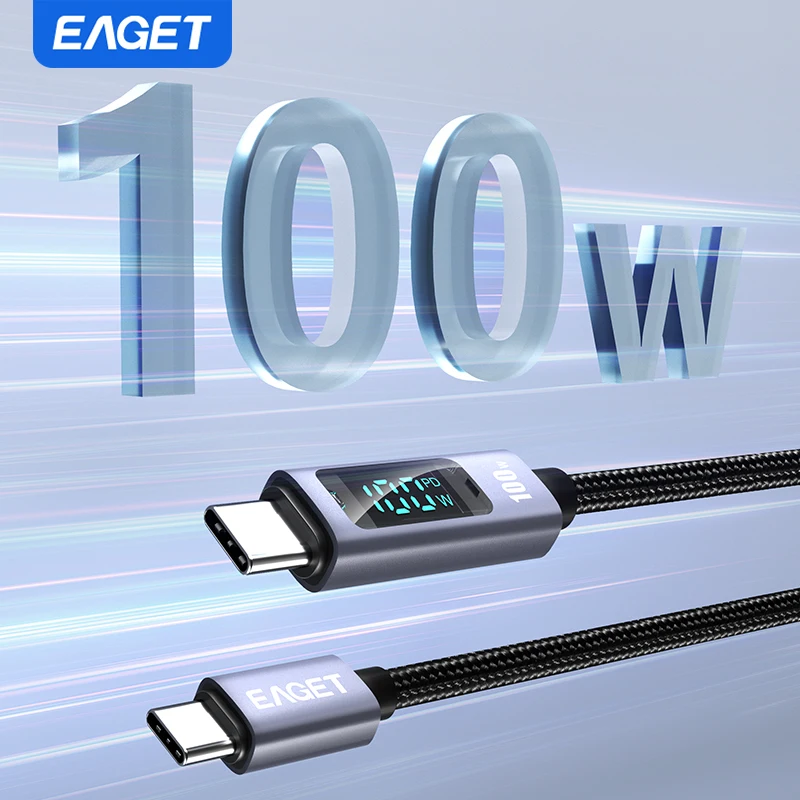 EAGET 100W USB C 고속 충전 케이블 USB-C to USB-C PD3.0 디스플레이 화면 E-Marker 칩 내장 나일론 소재 노트북 태블릿 휴대폰용