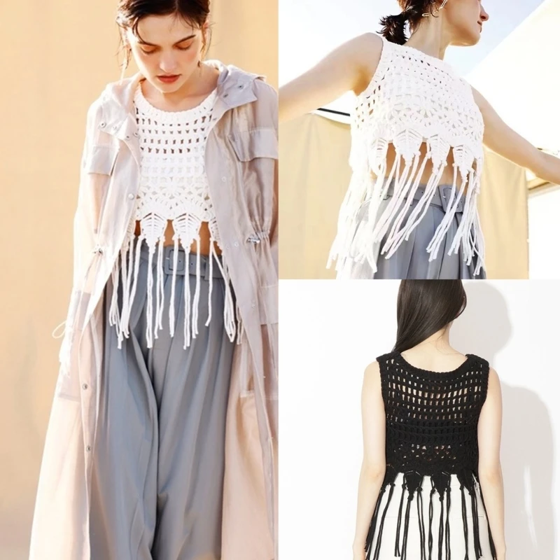 

Hollowed Out Knitted Long Tassels Loose Short Crop Top for Women Summer Crochet Sleeveless Neck Beach drop shipping