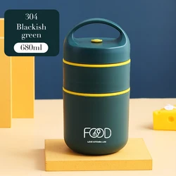 Stainless Steel Thermal Lunch Bento Box with Portable Folding Spoon (Green Double Layer)
