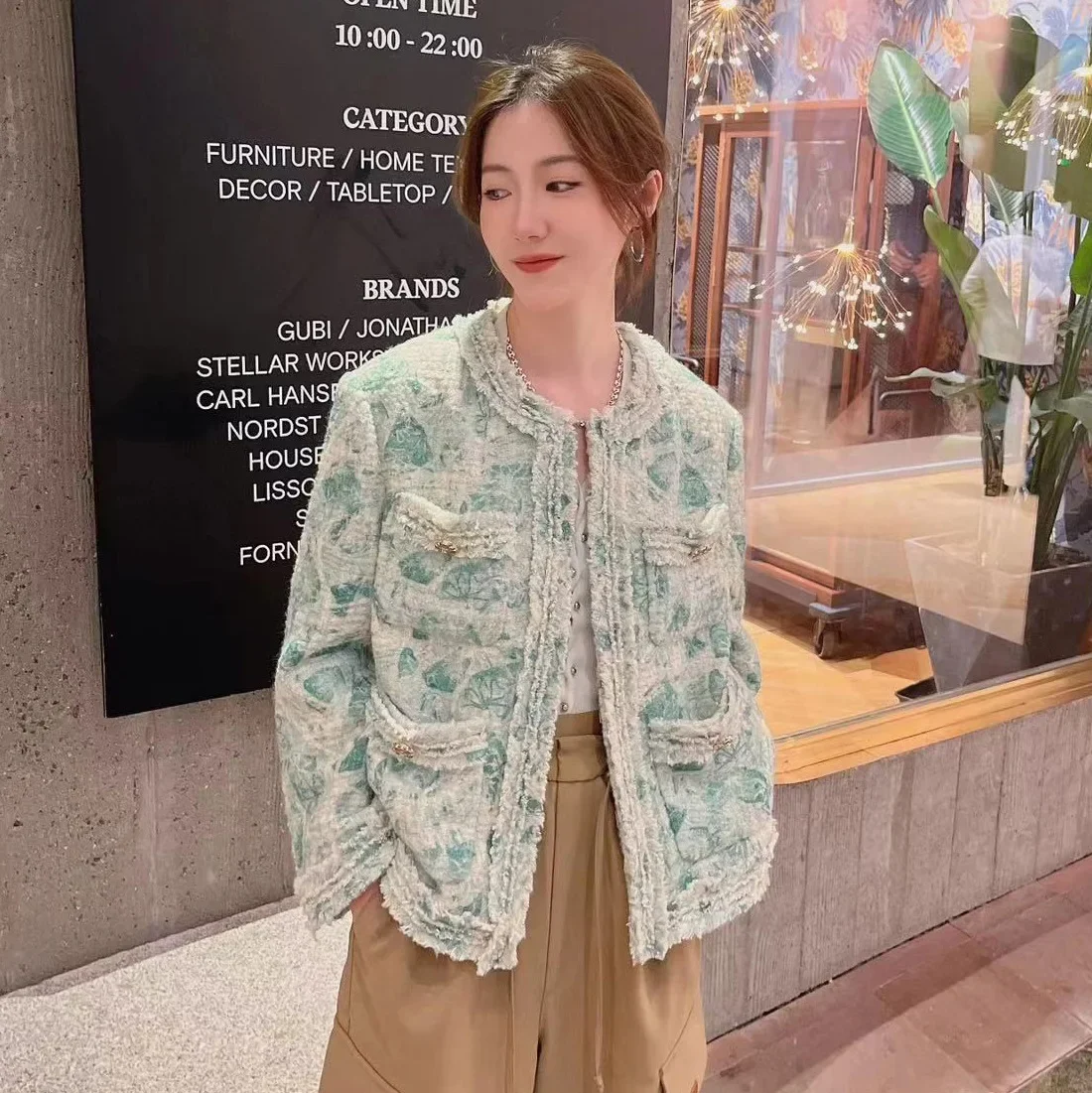 

Retro Classic Green Print Tweed Coat 2023 Winter Vintage Outwear Women Clothes