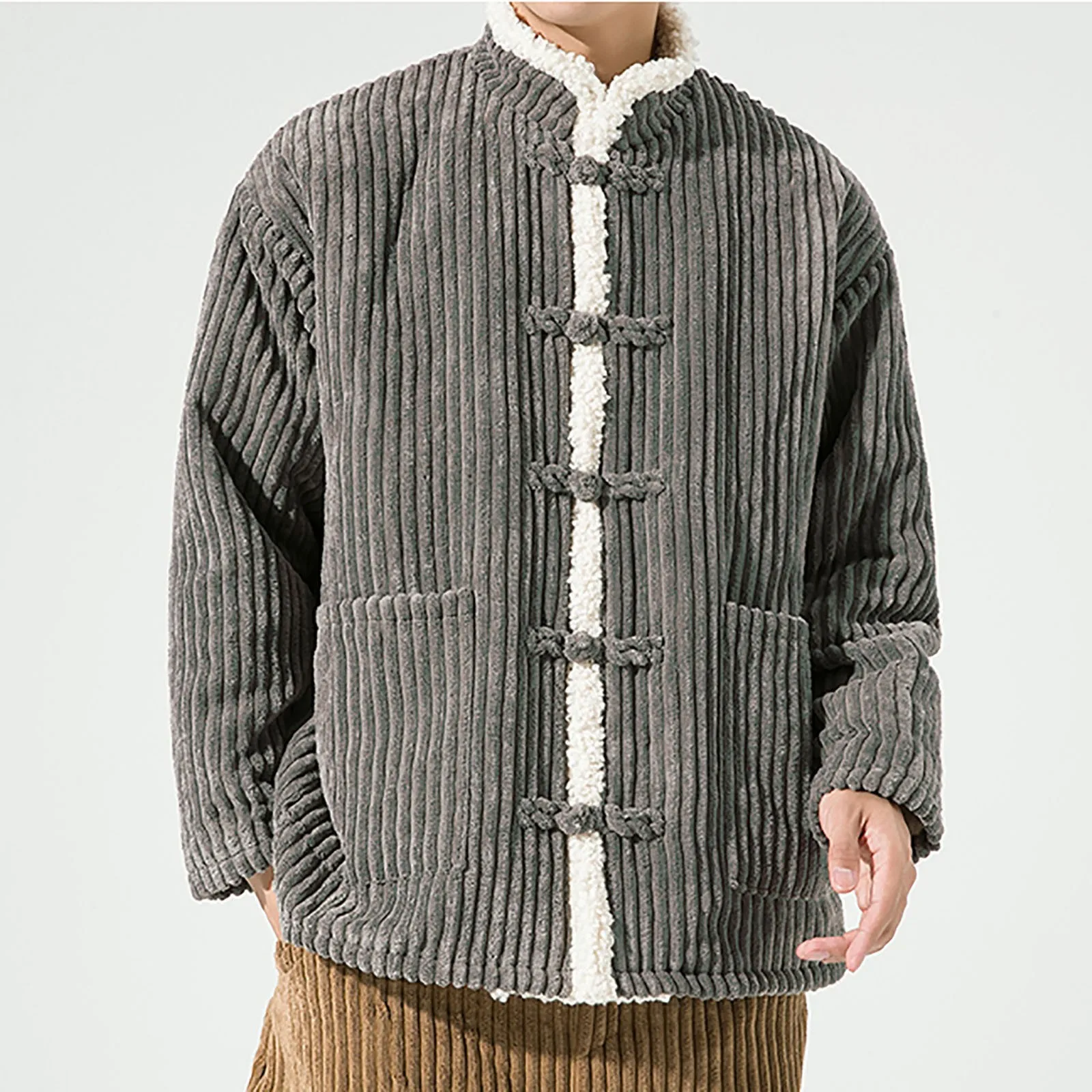 2024 Chinese Style Men Warm Spring Festival Long Sleeve Thickened Cotton Jacket Coat Winter Plush Stand Collar Corduroy Overcoat 2