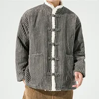 2024 Chinese Style Men Warm Spring Festival Long Sleeve Thickened Cotton Jacket Coat Winter Plush Stand Collar Corduroy Overcoat 2