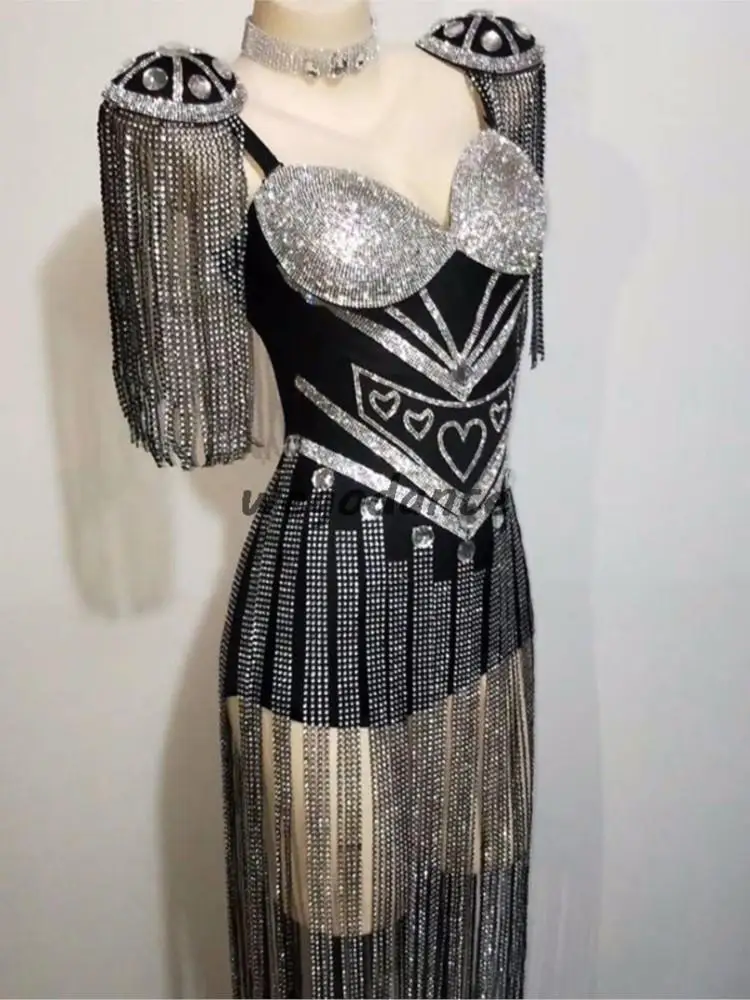 New Crystals Epaulet Fringes Leotard Sexy Women Sparkly Tassel Outfit Women Celebrate Costume Stage Party Singer Dance Wear
