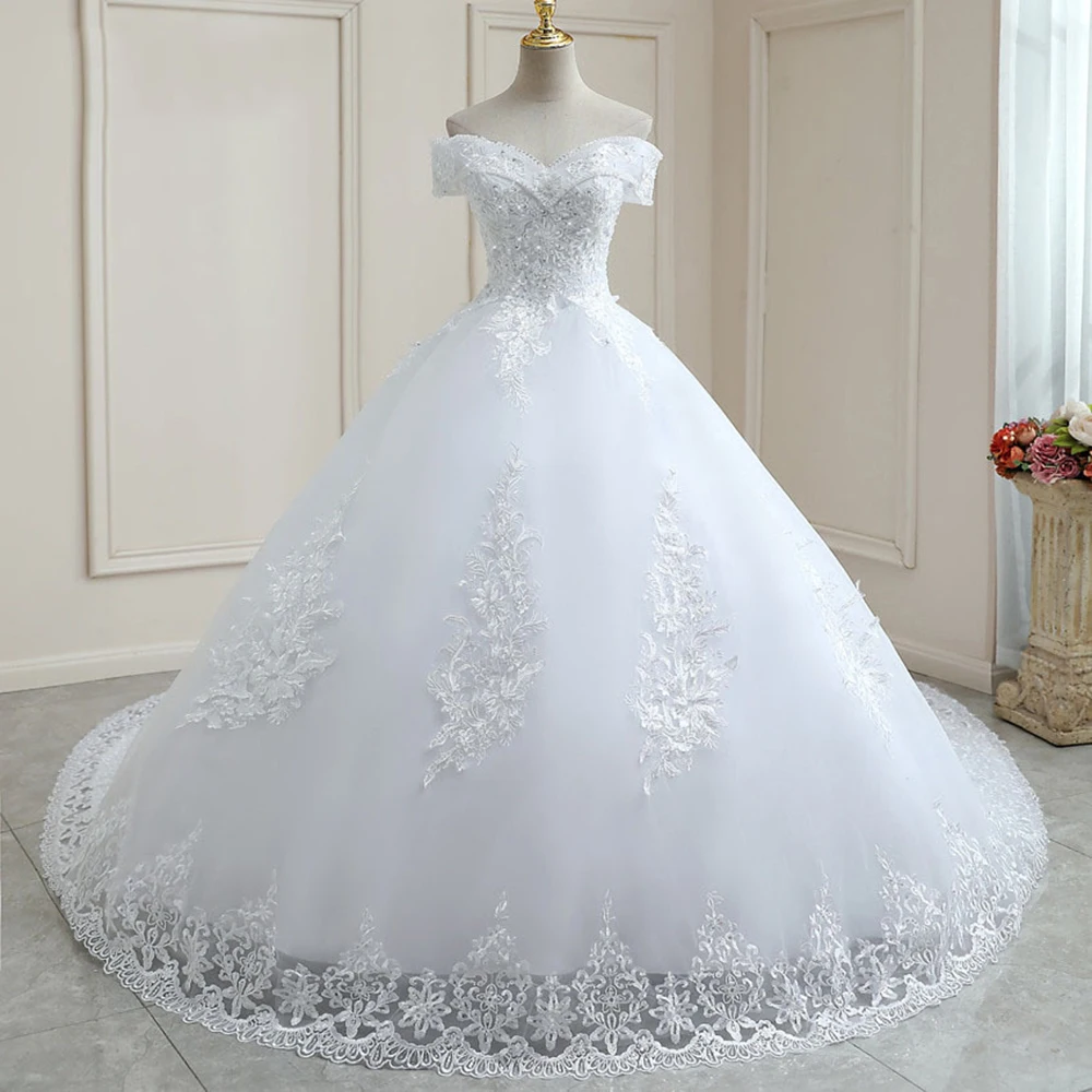 

Elegant Ball Gown Women Wedding Dresses Off Shoulder Appliques Court Train Bridal Gowns Formal Vestido De Noiva robe de mariée