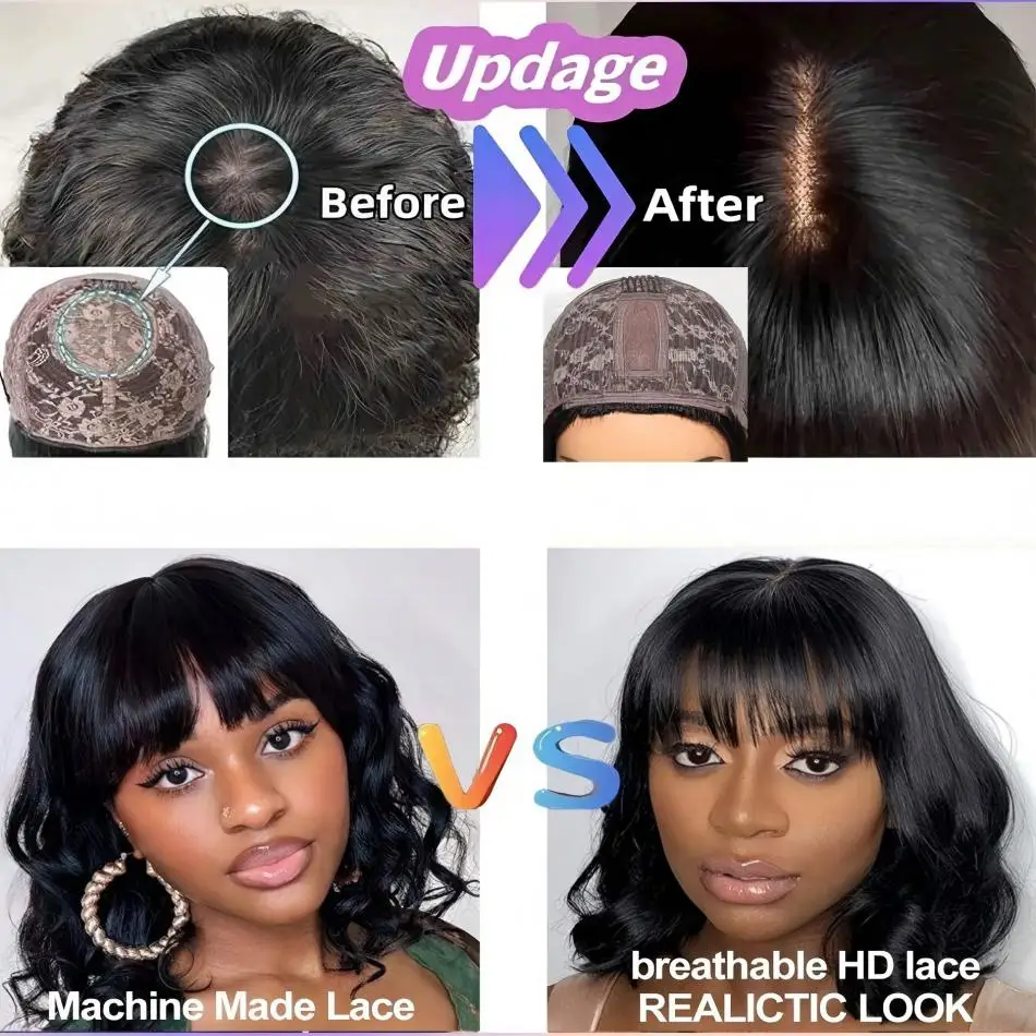 Body Wave Wig With Bangs 3x1 middle part lace wig Machine Made wig Human Hair 220 Density For Women Wear and Go Human Hair Wigs