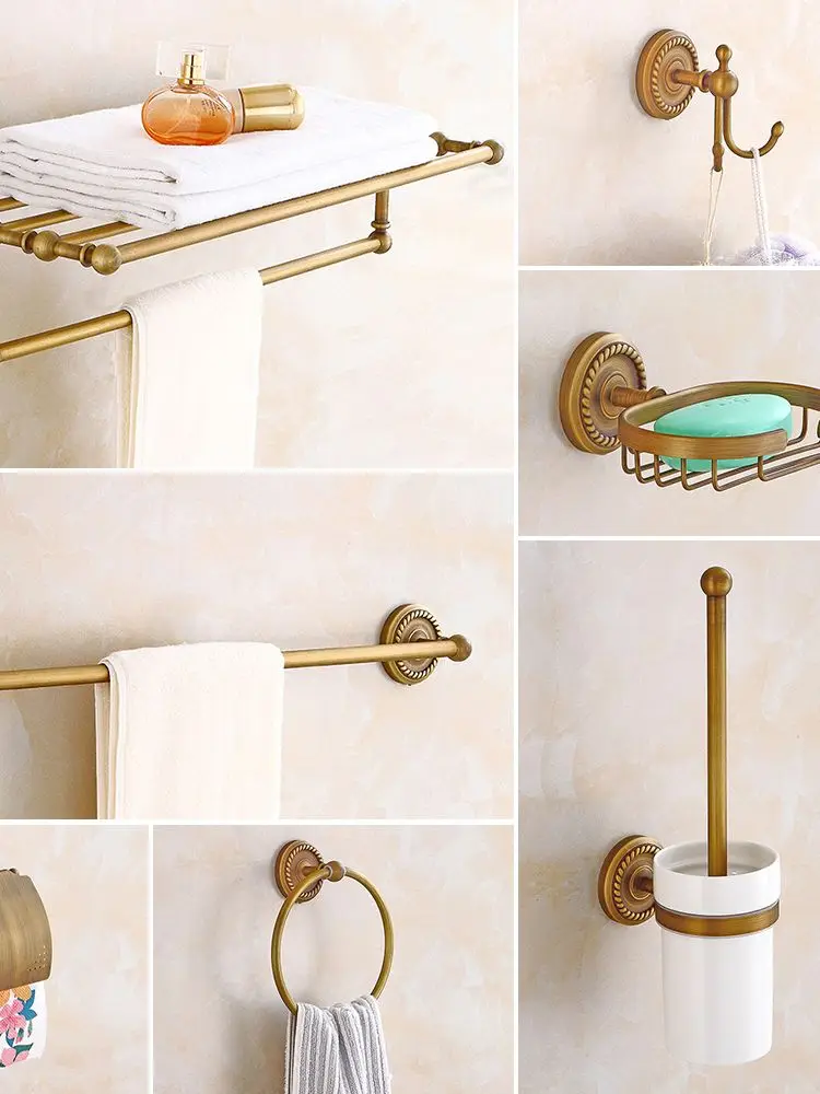 Description Picture 2 of item7PCs Copper Bathroom Wall Mount Pendant Set Toilet Hardware Pendant Towel Rack Combination Hanger Hook Paper/Brush Holder Shelf