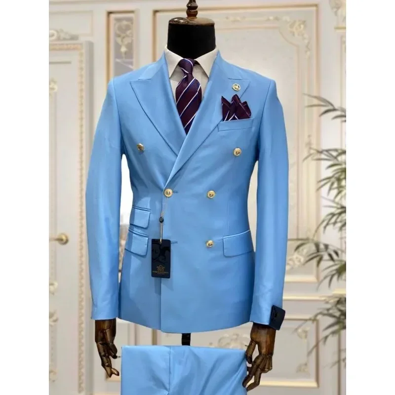 Green Double Breasted Slim Fit Men Suits Wedding Tuxedos Groom Business Party Prom Best Man Blazer Costume Homme