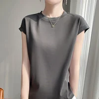 100% Mercerized Cotton O-neck T-shirt Summer Solid Color Sleeve Top Casual And Comfortable Short-sleeved Women's Clothes - Image 4