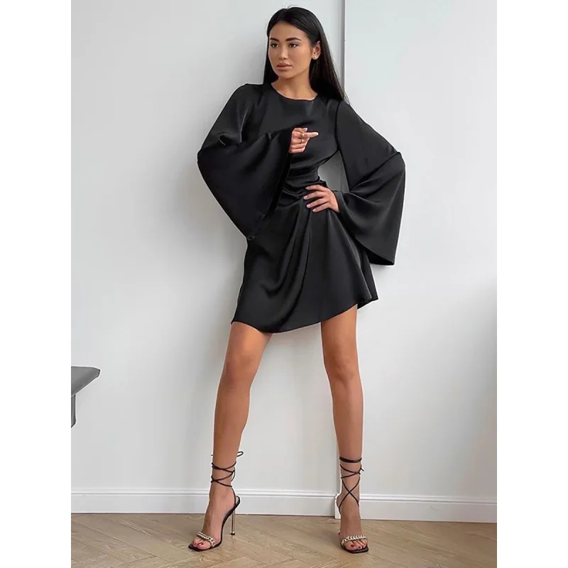 

Blue Satin Matte Silk-like Bell Sleeve Casual Dress New Autumn Fashion Short Skirt for Women Yy18