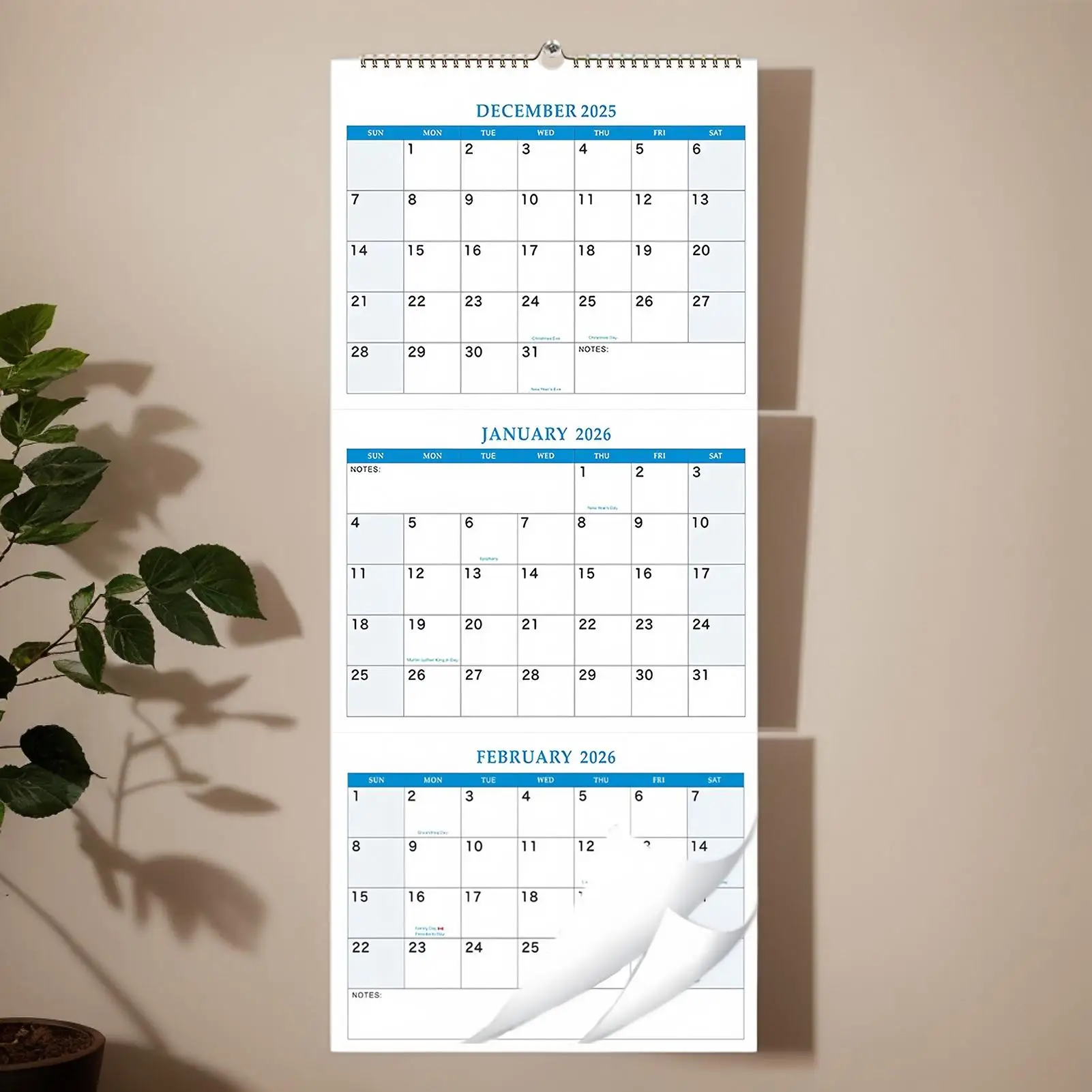 Large 2026 Wall Calendar with 3-Month View for Home and Office Organization