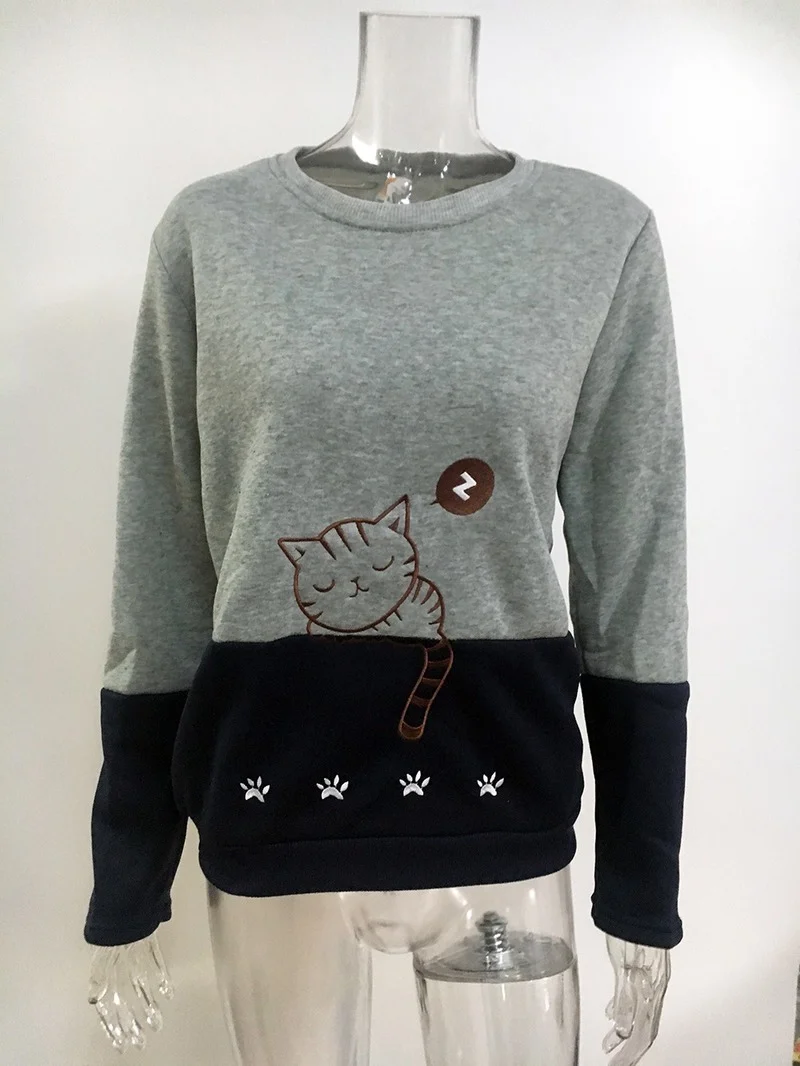 Women Cartoon Cat Embroidery Sweatshirts O-Neck Long Sleeve Animal Pullovers Autumn Winter Warm Color Matching Tops Streetwear