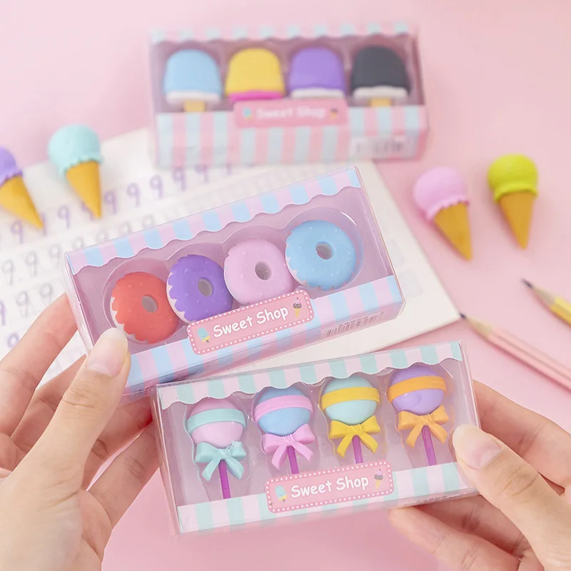 

4pcs Ice Cream Erasers Set Mini Lollipop Dessert Rubber Pencil Eraser for Kids Student Cute Stationery Kids School Supplies