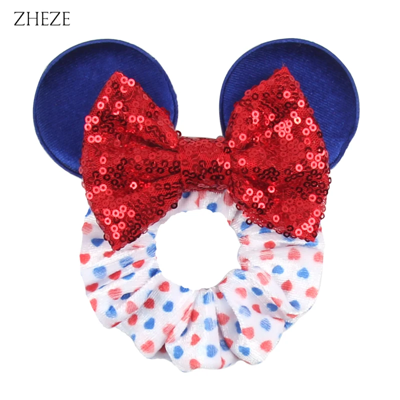 Independence Day Mouse Ears Velvet Hair Scrunchies Girls Rope Ponytail Holder 4th July Sequin Headband Festival Elastic Hairband