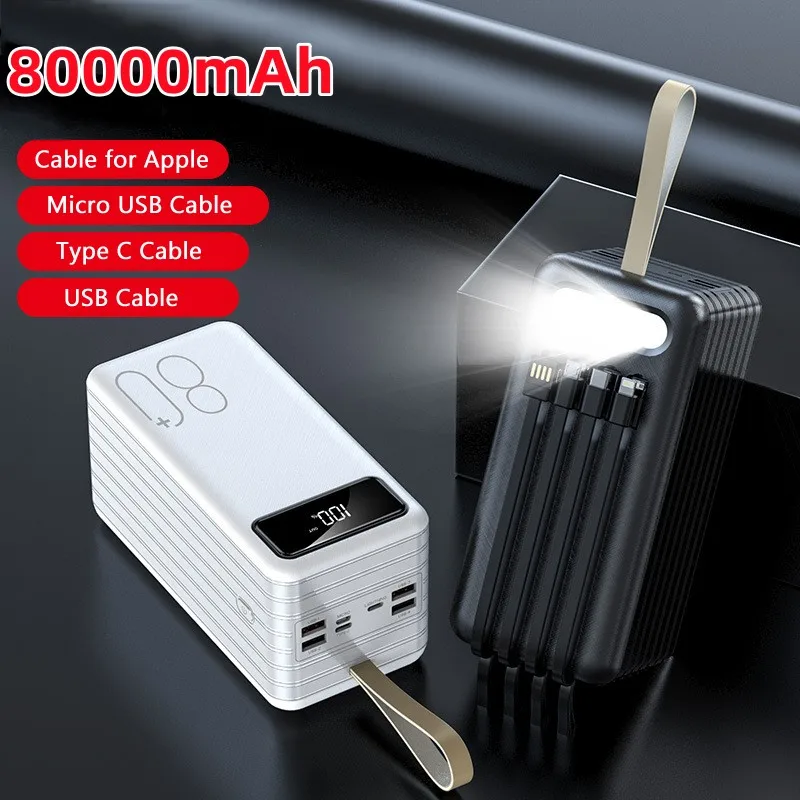 

80000mAh High Capacity Portable Power Bank for Xiaomi Mi iPhone 15 External Battery Pack Fast Charging Powerbank Built in Cable