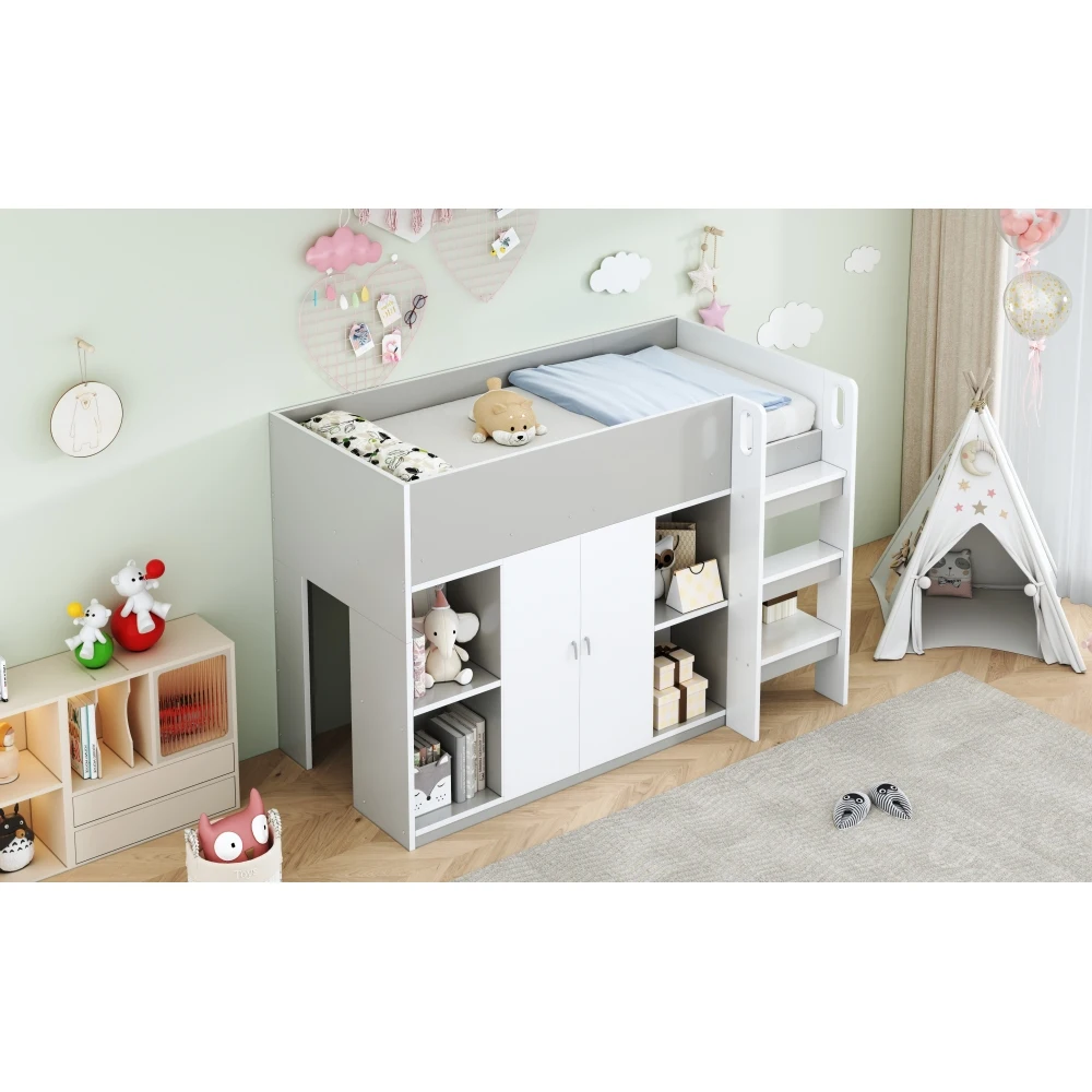 90*200cm Multifunktionales Hochbett mit Stauraum, Kleiderschrank und Regalen, Kinderbett mit Leiter und stabiler Konstruktion – Detail 39