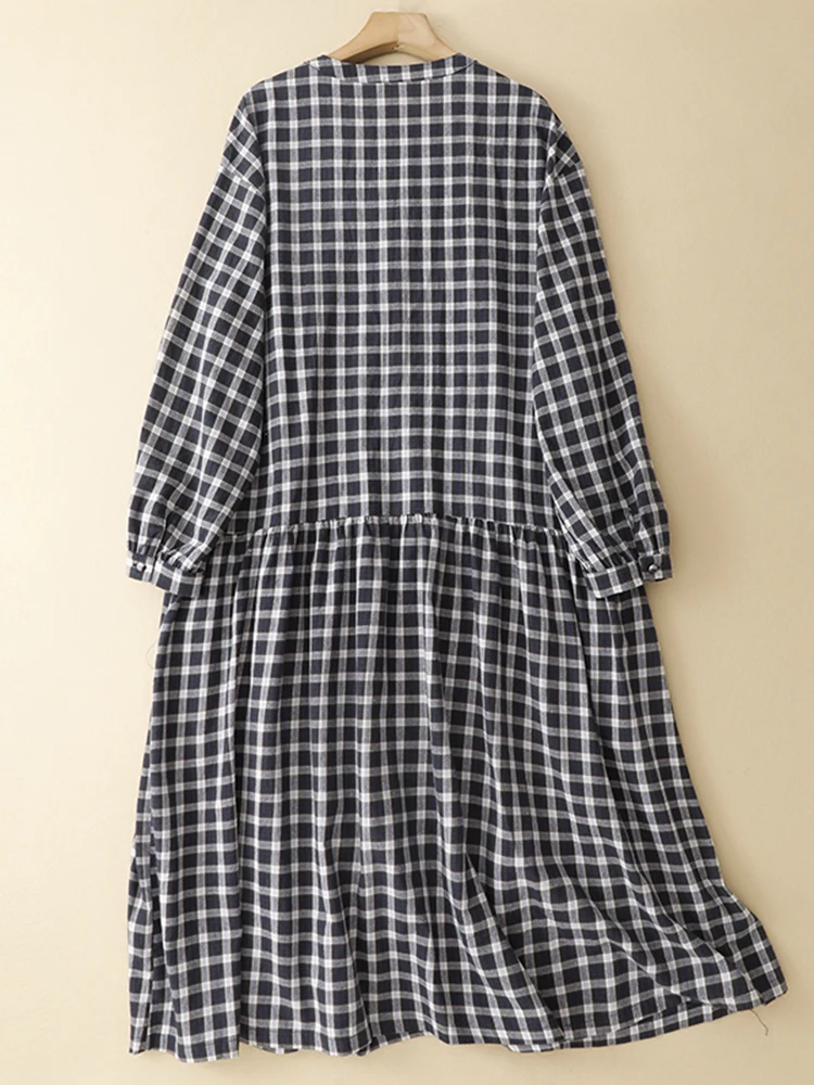 2025 Spring Autumn New Cotton Vintage Plaid Shirt Dresses For Women Long Sleeve Casual Loose Office Work Dress Elegant Clothing
