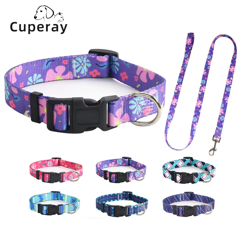 Colorful Printed Pet Collar Adjustable Dog Collar & Leashes Small Medium Dog Leash with Metal D Ring for Cat and Accessories