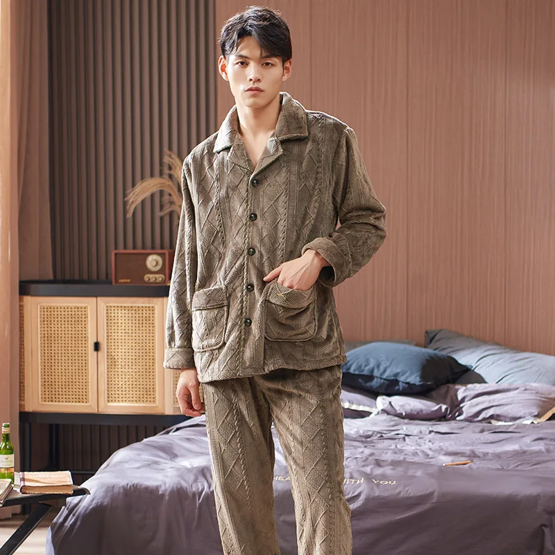 Thick Velvet Coral Fleece Pajamas Men Warm Flannel Jacquard Long-Sleeved Autumn And Winter Home Service Suit Pyjamas Male M-XXXL
